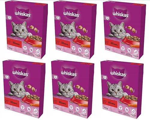 Whiskas Adult 1 Katzentrockenfutter für Erwachsene Katzen mit Rind 6er Pack 6 x 300 g im Karton