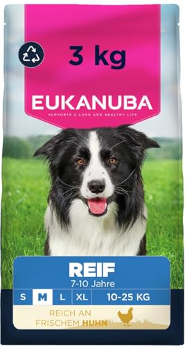 Eukanuba Hundefutter Trocken mit frischem Huhn für mittelgroße Rassen Premium Trockenfutter für reife Hunde 3 kg