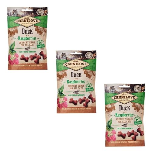 Carnilove Crunchy Snack Duck with Rasberries 3er Pack 3 x 50 g Leckerli für Katzen Ente und Himbeere Ohne Zuckerzusatz exotischer Fleischgeschmack