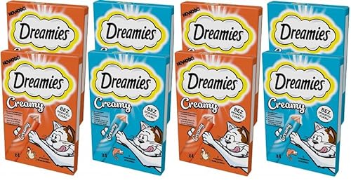 Dreamies Katzenleckerlis Creamy Snacks mit Lachs und Huhn Set mit 8 Packungen 32 Portionen 10g