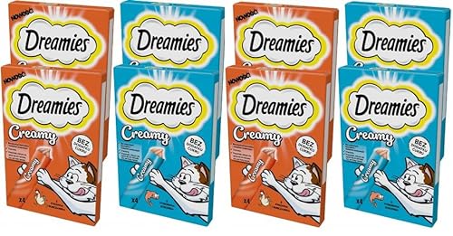 Dreamies Katzenleckerlis Creamy Snacks mit Lachs und Huhn Set mit 8 Packungen 32 Portionen 10g