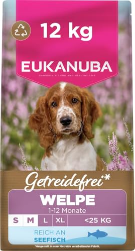 Eukanuba Welpenfutter getreidefrei mit Fisch für kleine und mittelgroße Rassen Premium Trockenfutter ohne Getreide für Junior Hunde 12 kg