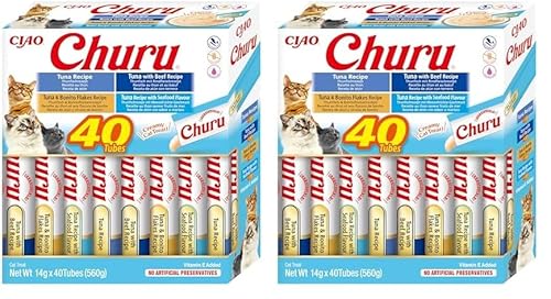 INABA Churu Katzenleckerlis Liquid Snack 88% Feuchtigkeit Variety Box mit Thunfisch Premium Katzensnacks aus Japan 40 x 14 g Packung mit 2