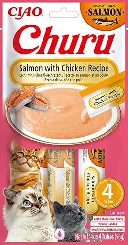 INABA Churu Puree Katzenleckerlis Creamy Snacks Hochwertige Proteine mit Lachs und Huhn 56 g 1er Pack Katzensnacks in Premium Qualität