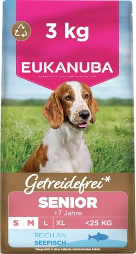 Eukanuba Senior Hundefutter getreidefrei mit Fisch für kleine und mittelgroße Rassen Premium Trockenfutter ohne Getreide für ältere Hunde 3 kg