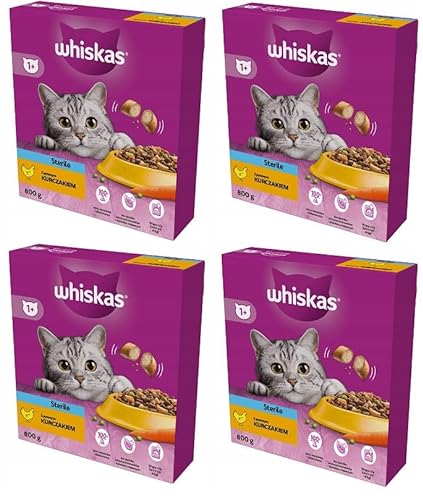 Whiskas Adult Sterile 1 Trockenfutter mit Huhn im Karton 4 x 800g 4 Packungen - Katzentrockenfutter für Erwachsene sterilisierte BZW. kastrierte Katzen