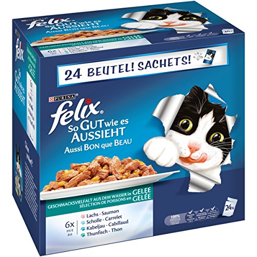 Felix So gut wie es aussieht Katzennassfutter Gelee Geschmacksvielfalt aus dem Wasser I Adult I 4er Pack 4 x 24 x 100g