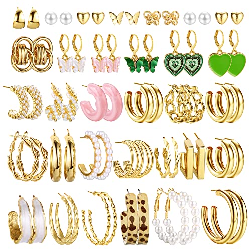 CASSIECA 32 Paar Set für Mädchen   Mode Kettenglied Ohrstecker Tropfen Boho Statement Acryl Hypoallergen Geburtstagsfeier Schmuck Geschenk