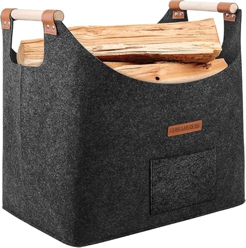 XL Faltbarer Holzkorb für kaminholz Extra dicker Filz und verstärkter Griff Kaminholzkorb für Einkauf Holz Zeitung oder Brennholz Brennholzkorb Filzkorb Schiefergrau