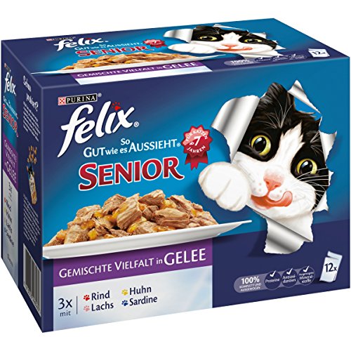 Felix Katzennassfutter So gut wie es aussieht in Gelee Senior gemischte Vielfalt 6er Pack 6 x 12 x 100g Portionsbeutel