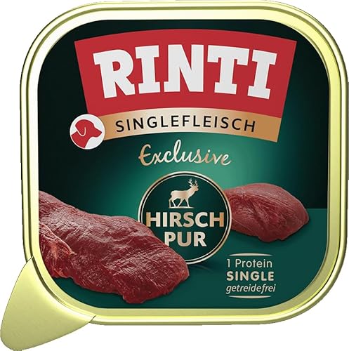 RINTI - Singlefleisch Exclusive Nassfutter mit 100% Hirschfleisch für Sensible ausgewachsene Hunde. Alleinfutter in Schälchen ohne Getreide und künstliche Zusätze 10x150g Hirsch Pur