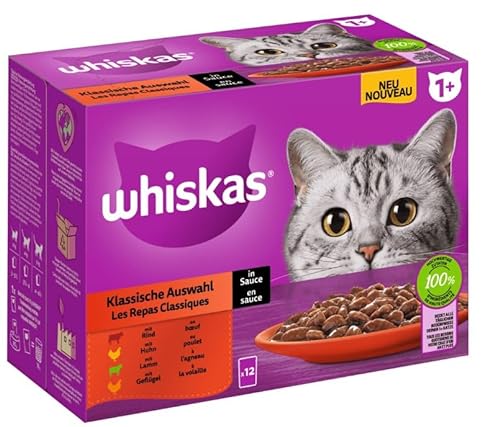 Whiskas Adult 1 Katzenfutter Klassische Auswahl in Sauce 12x85g Hochwertiges Nassfutter ab dem 1. Lebensjahr in 12 Portionsbeuteln