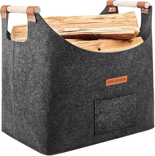 XL Brennholzkorb Filzkorb extra dicker Filz und verstärkter Griff Faltbarer Holzkorb Filztasche als Aufbewahrungskorb für Einkauf Holz Zeitung oder Brennholz Dunkelgrau