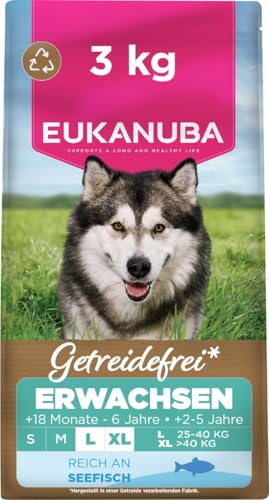 Eukanuba Hundefutter getreidefrei mit Fisch für große Rassen Premium Trockenfutter ohne Getreide für ausgewachsene Hunde 3 kg