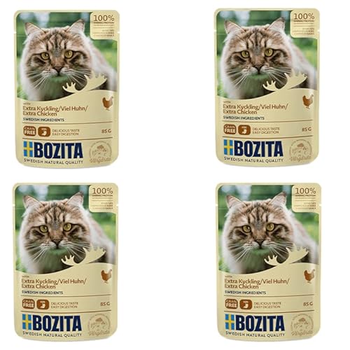 Bozita Häppchen in Soße mit viel Hühnchen 4er Pack 4 x 12 x 85 g Nassfutter für Katzen Getreidefreies und weizenfreies Alleinfuttermittel 100% schwedische Zutaten