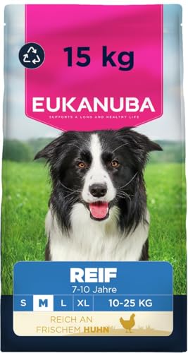 Eukanuba Hundefutter Trocken mit frischem Huhn für mittelgroße Rassen Premium Trockenfutter für reife Hunde 15 kg