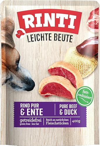 RINTI - Leichte Beute Fettreduziertes Nassfutter mit natürlichen Fleischstücken für empfindliche ausgewachsene Hunde. Alleinfutter im Beutel ohne künstliche Zusätze 10x400g Rind Pur Ente