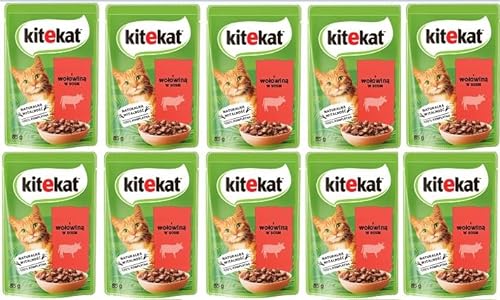 KITEKAT Portionsbeutel mit Rind in Sauce Nassfutter für Katzen 10x85g