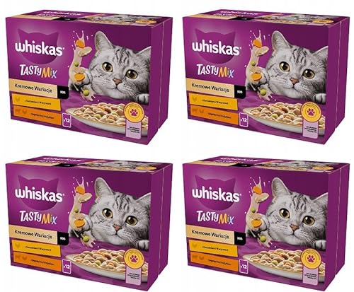 WHISKAS Adult 1 Tasty Mix Cremige Variationen Katzennassfutter im Beutel mit Huhn Lamm und Pute in Sauce 4 x 12 x 85 g Beutel im Karton