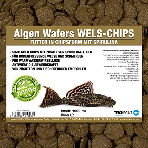 Teichpoint Algen-Wafers Wels-Chips Hauptfutter für alle pflanzenfressenden Bodenfische und scheuen Zierfische in Waferform - Welsfutter im 1 Liter Beutel
