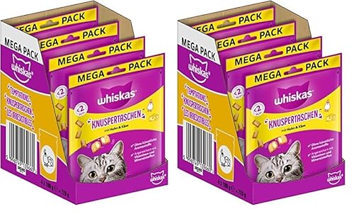 Whiskas Knuspertaschen Katzensnack mit Huhn Käsegeschmack 8er Pack 4x180g Katzenleckerlis für Erwachsene Katzen