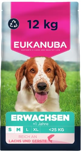 Eukanuba Hundefutter Trocken mit Lachs und Gerste für kleine und mittelgroße Rassen - Premium Trockenfutter für ausgewachsene Hunde 12 kg