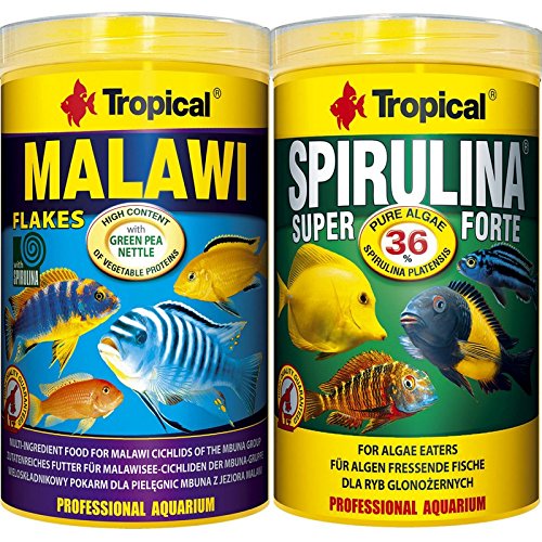 Tropical 1 Liter Spirulina Forte 36% 1 Liter Malawi Flocken Doppelpack 2 er Set Cichlid Malawi Fischfutter Gratis Futterproben