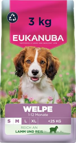 Eukanuba Welpenfutter mit Lamm und Reis für kleine und mittelgroße Rassen - Premium Trockenfutter für Junior Hunde 3 kg