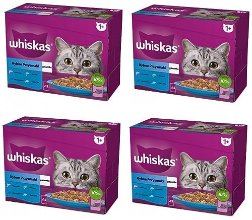 Whiskas Adult 1 Katzennassfutter Fisch Auswahl in Gelee 4x12x85g 48 Portionsbeuteln Hochwertiges Nassfutter für ausgewachsene Katzen