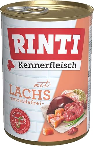 RINTI - Kennerfleisch Nassfutter mit 70% Fleisch für ausgewachsene Hunde. Getreidefreies Alleinfutter in der Dose ohne Soja Farb- und Konservierungsstoffe 12x400g Lachs