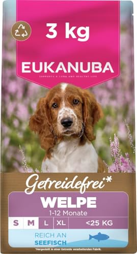 Eukanuba Welpenfutter getreidefrei mit Fisch für kleine und mittelgroße Rassen Premium Trockenfutter ohne Getreide für Junior Hunde 3 kg