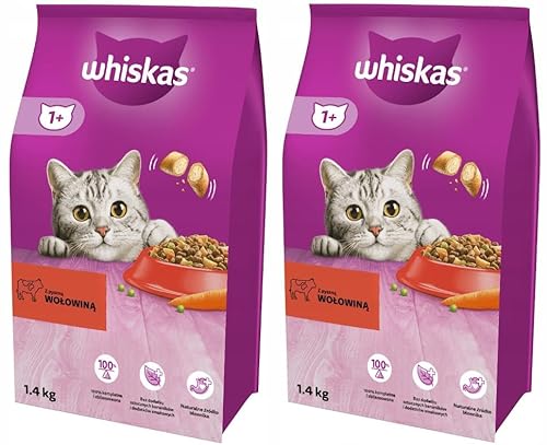 Whiskas Adult 1 Katzentrockenfutter mit Rind 2 Beutel 2x1 4kg Hochwertiges Trockenfutter für ausgewachsene Katzen ab 1 Jahr- unterschiedliche Produktverpackungen erhältlich