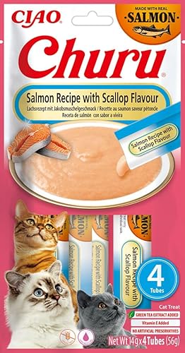 INABA Churu Puree Katzenleckerlis Creamy Snacks Hochwertige Proteine mit Lachs und Jakobsmuschel 56 g 1er Pack Katzensnacks in Premium Qualität