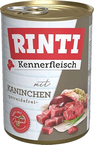 RINTI - Kennerfleisch Nassfutter mit 70% Fleisch für ausgewachsene Hunde. Getreidefreies Alleinfutter in der Dose ohne Soja Farb- und Konservierungsstoffe 12x400g Kaninchen