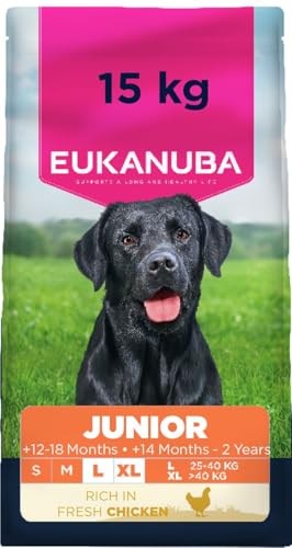 Eukanuba Junior Hundefutter Trocken mit frischem Huhn für große Rassen Premium Trockenfutter für heranwachsende Hunde 15 kg