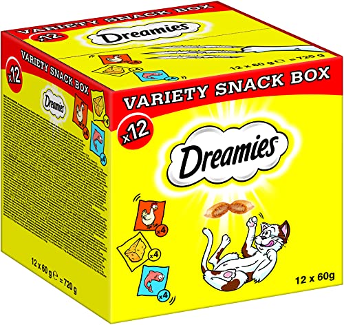 Dreamies Katzensnacks einer Snack Box verschiedenen Geschmacksrichtungen   Käse Lachs   Außen knusprig innen cremig   Katzenleckerlis 12x 60g