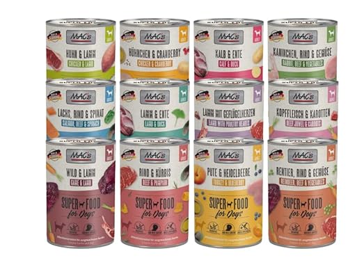 Mac s Dog - 10 x 400 g Mixpaket Garantierter 10-Sorten-Mix Getreidefreies Nassfutter mit hohem Fleischanteil Superfoods wertvollen Ölen