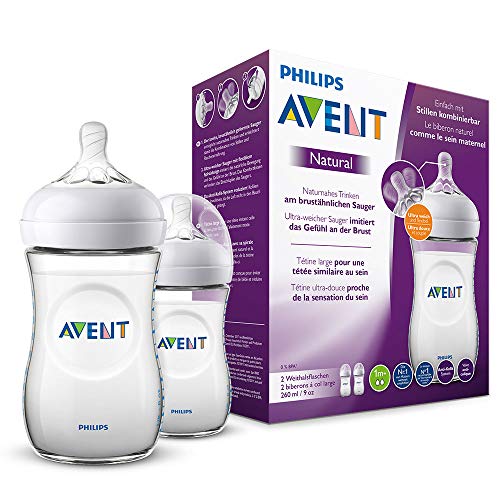 Philips Avent Natural Flasche SCF033/27, 260 ml, naturnahes Trinkverhalten, Anti-Kolik-System, transparent, 2er Pack