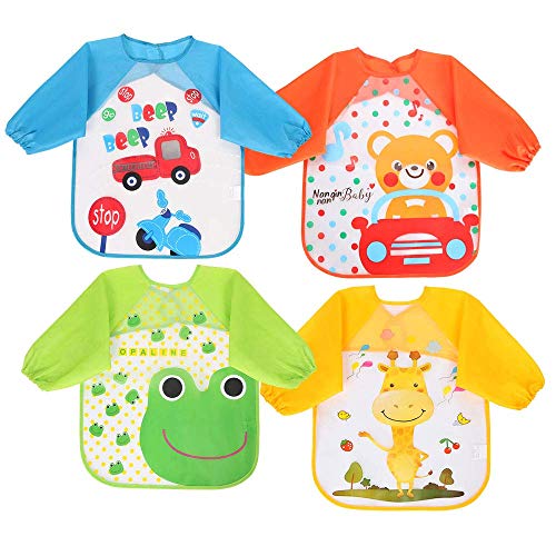 Vicloon Baby Lätzchen mit Lange Ärmeln, 4 Set Kinder Lätzchen Wasserdicht Ärmellätzchen ärmel lätzchen Unisex Lätzchen Set für Essen Kunst Handwerk Malerei Bemalen Spielen