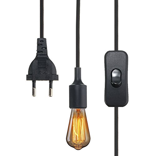 KINGSO Edison Lampenhalter Silikon Schalter/Stecker/ 3M farbigem Textilkabel/VDE Zertifikat Schwarz