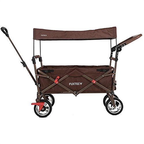 Fuxtec Faltbarer Bollerwagen FX-CT700 braun klappbar mit Dach, Vorder- und Hinterrad-Bremse, Vollgummi-Reifen, Schubbügel, für Kinder geeignet - Das Original !