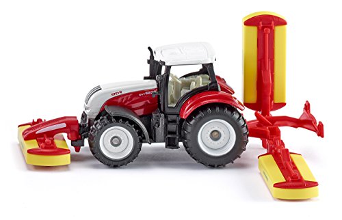 SIKU 1672, Steyr Traktor mit Pöttinger Mähwerkskombination, Metall/Kunststoff, Rot, Spielzeugfahrzeug für Kinder