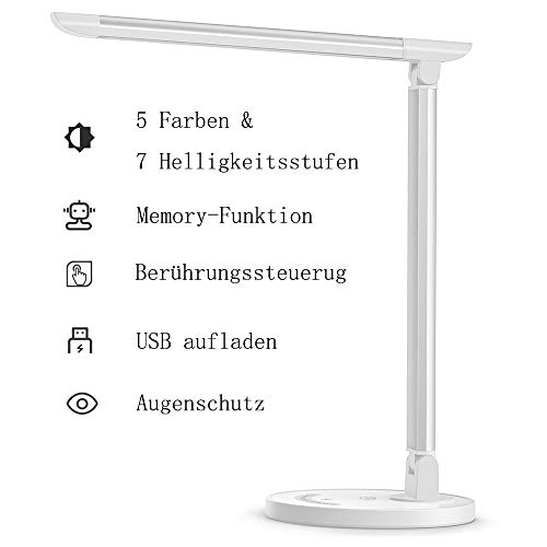 TaoTronics Schreibtischlampe LED 12W Büro Tischleuchte 5 Farb 7 Helligkeitsstufen dimmbar Memory Funktion USB Anschluss für Aufladung des Smartphones Tischlampe Augenschutz Touchfeldbedienung